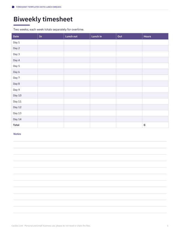 Preview of Printable Biweekly Timesheet with Lunch